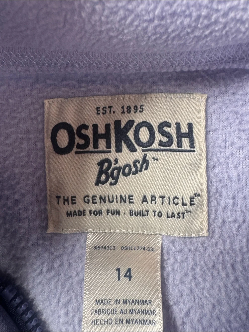 OshKosh B’gosh Girls Size 14 Fleece Jacket Light Lavender Navy Full Zip